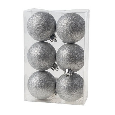6x stuks kunststof glitter kerstballen zilver 6 cm