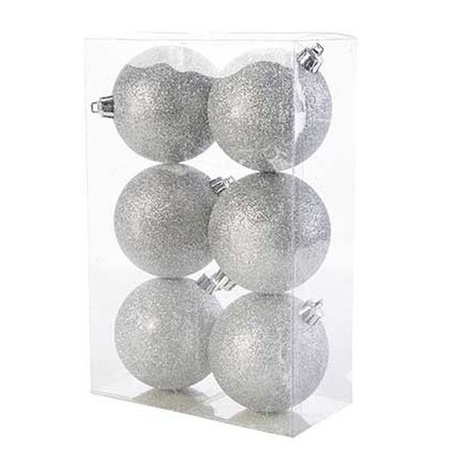 6x stuks kunststof glitter kerstballen zilver 8 cm