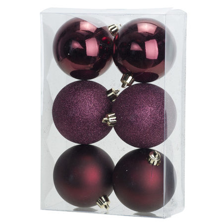 12x stuks kunststof kerstballen mix van aubergine en roze 8 cm