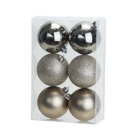 12x Christmas baubles mix champagne and silver 8 cm plastic matte/shiny/glitter