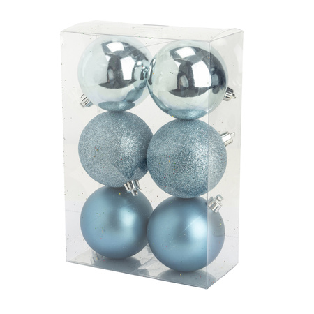 6x stuks kunststof kerstballen ijsblauw 8 cm mat/glans/glitter