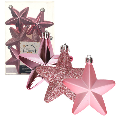 6x stuks kunststof sterren kersthangers lippenstift roze 7 cm