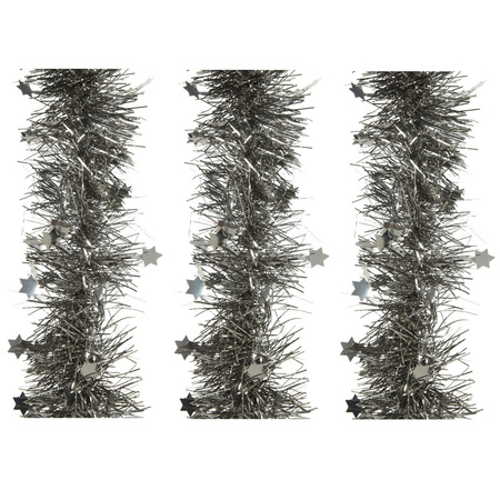 6x stuks lametta kerstslingers met sterretjes antraciet (warm grey) 270 x 10 cm