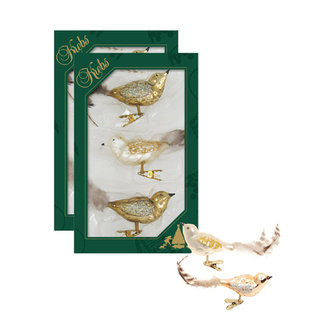 6x pcs luxury glass birds on clip natural velvet 11 cm