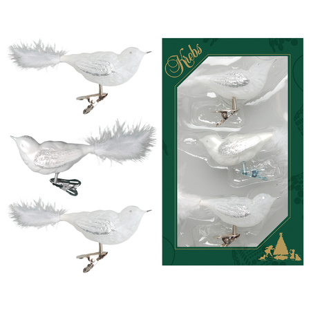 6x stuks luxe glazen decoratie vogels op clip wit 11 cm