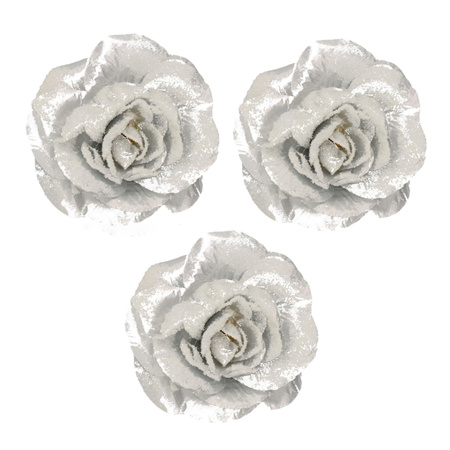 6x stuks kerst hangdecoratie op clip zilver bloempjes/roosjes 12 cm