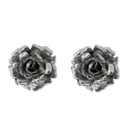 6x stuks zilveren decoratie rozen glitters op clip 12 cm
