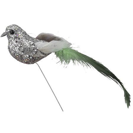 6x Silver glitter decoration birds on pin 15 cm