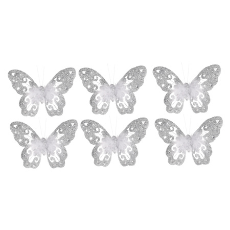 Kerstboomversiering kersthangers 6x zilveren vlinders op clip 15 cm