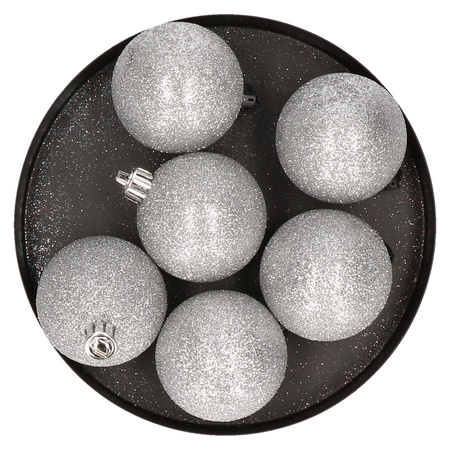 6x Kunststof kerstballen glitter zilver 8 cm kerstboom versiering/decoratie