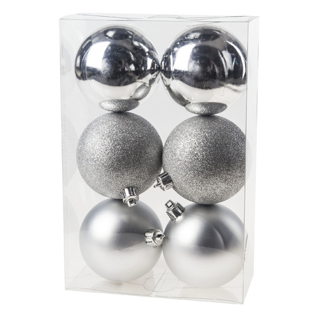 12x stuks kunststof kerstballen mix van zilver en zwart 8 cm