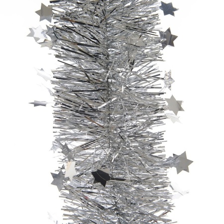 6x Silver stars Christmas tree foil garland 270 cm decoration
