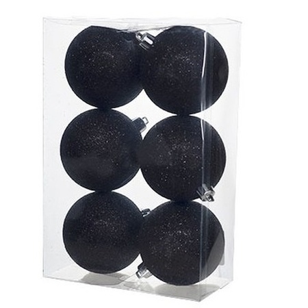 6x Kunststof kerstballen glitter zwart 8 cm kerstboom versiering/decoratie