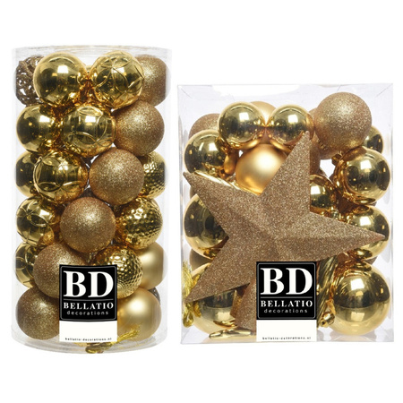 70x stuks kunststof kerstballen met ster piek goud mix 5, 6 en 8 cm