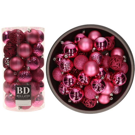 74x stuks kunststof kerstballen fuchsia roze 6 cm glans/mat/glitter mix