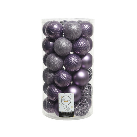 74x stuks kunststof kerstballen heide lila paars 6 cm glans/mat/glitter mix