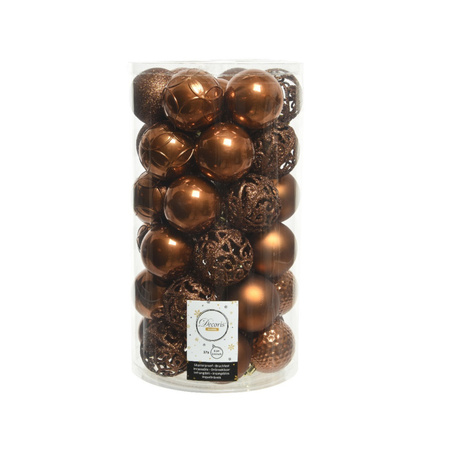 74x stuks kunststof kerstballen kaneel bruin 6 cm glans/mat/glitter mix