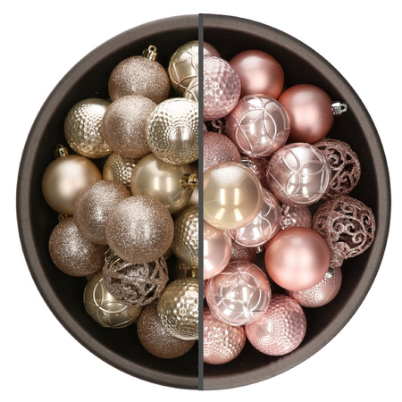 74x stuks kunststof kerstballen mix lichtroze en champagne 6 cm