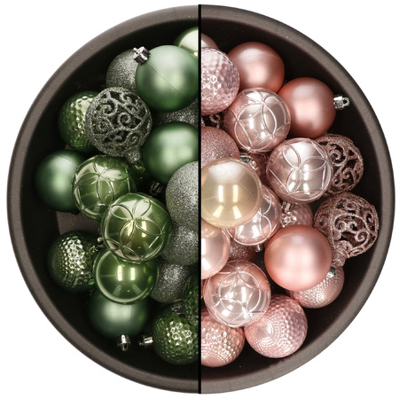 74x stuks kunststof kerstballen mix salie groen en lichtroze 6 cm