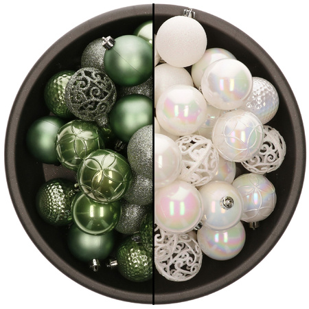 74x stuks kunststof kerstballen mix salie groen en parelmoer wit 6 cm