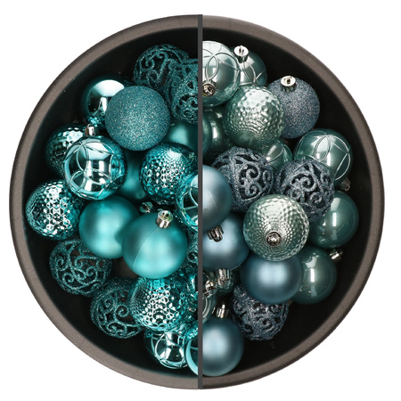 74x stuks kunststof kerstballen mix turquoise blauw en ijsblauw 6 cm