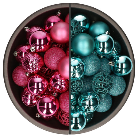 74x stuks kunststof kerstballen mix turquoise en fuchsia roze 6 cm