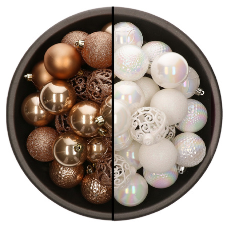 74x pcs plastic christmas baubles mix of camel brown and white pearl 6 cm