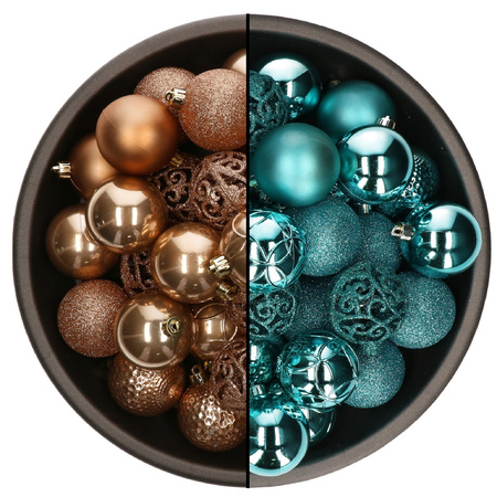 74x stuks kunststof kerstballen mix van camel bruin en turquoise blauw 6 cm