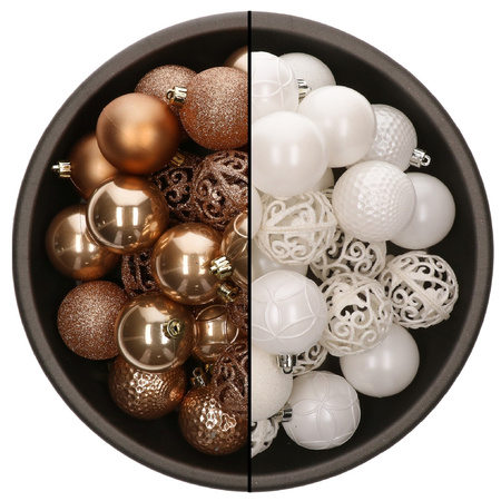 74x pcs plastic christmas baubles mix of camel brown and white 6 cm