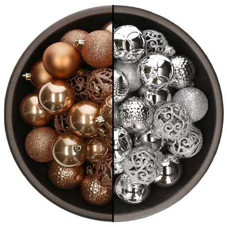 74x pcs plastic christmas baubles mix of camel brown and silver 6 cm