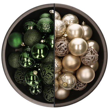 74x stuks kunststof kerstballen mix van champagne en donkergroen 6 cm