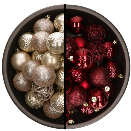 74x stuks kunststof kerstballen mix van champagne en donkerrood 6 cm