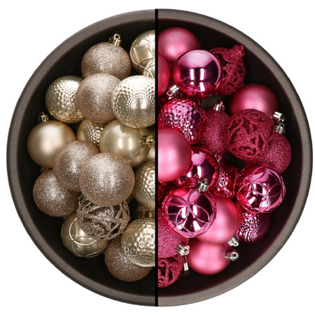 74x stuks kunststof kerstballen mix van champagne en fuchsia roze 6 cm
