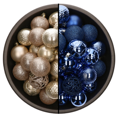 74x pcs plastic christmas baubles mix of champagne and royal blue 6 cm