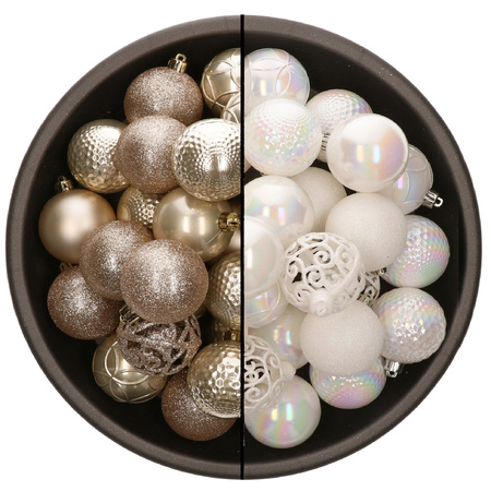 74x pcs plastic christmas baubles mix of champagne and white pearl 6 cm