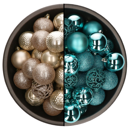74x stuks kunststof kerstballen mix van champagne en turquoise blauw 6 cm