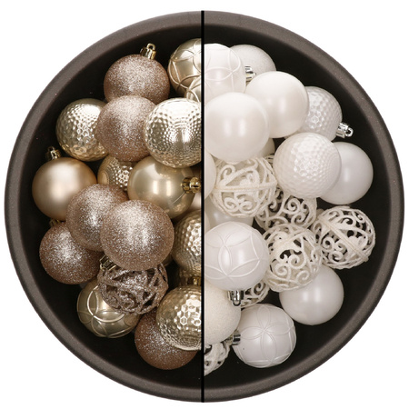 74x pcs plastic christmas baubles mix of champagne and white 6 cm