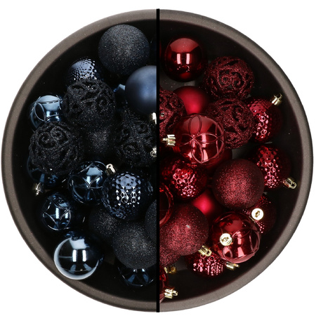 74x stuks kunststof kerstballen mix van donkerblauw en donkerrood 6 cm