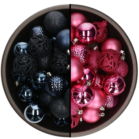 74x stuks kunststof kerstballen mix van donkerblauw en fuchsia roze 6 cm
