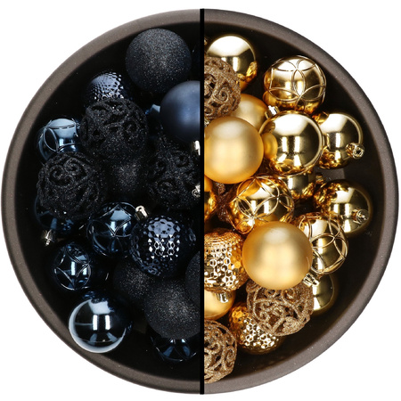 74x stuks kunststof kerstballen mix van donkerblauw en goud 6 cm
