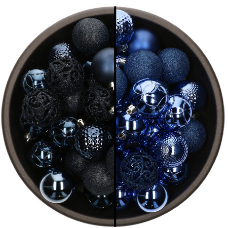 74x stuks kunststof kerstballen mix van donkerblauw en kobalt blauw 6 cm
