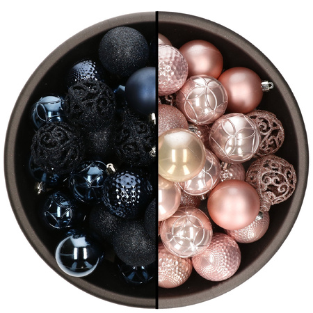 74x stuks kunststof kerstballen mix van donkerblauw en lichtroze 6 cm