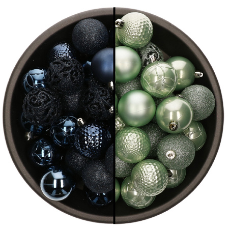 74x stuks kunststof kerstballen mix van donkerblauw en mintgroen 6 cm