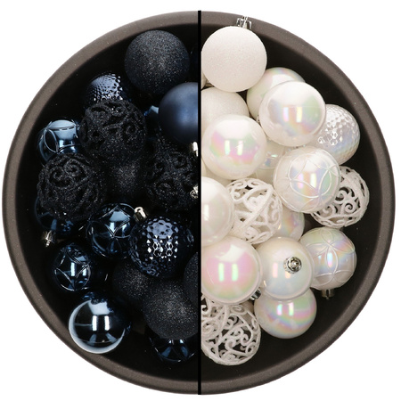 74x pcs plastic christmas baubles mix of dark blue and white pearl 6 cm