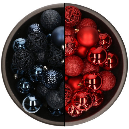 74x stuks kunststof kerstballen mix van donkerblauw en rood 6 cm