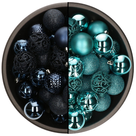 74x stuks kunststof kerstballen mix van donkerblauw en turquoise blauw 6 cm