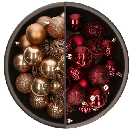74x stuks kunststof kerstballen mix van donkerrood en camel bruin 6 cm