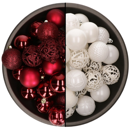 74x pcs plastic christmas baubles mix of dark red and white 6 cm