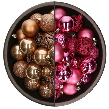 74x stuks kunststof kerstballen mix van fuchsia roze en camel bruin 6 cm