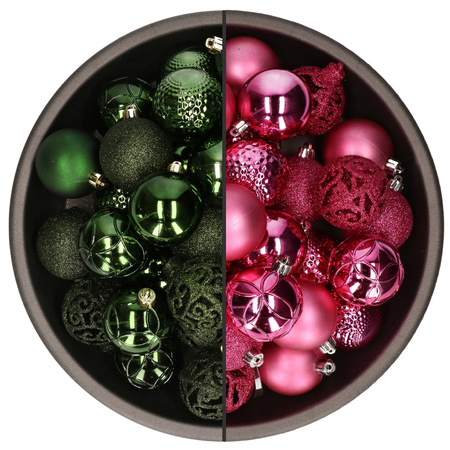 74x stuks kunststof kerstballen mix van fuchsia roze en donkergroen 6 cm